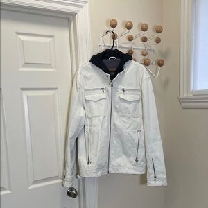 Danier - Zip Up Leather Jacket With Hoodie - White Black - L